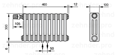 Схема (чертеж) Радиатор Zehnder Charleston 3030/10 №V007 Белый глянцевый RAL 9016